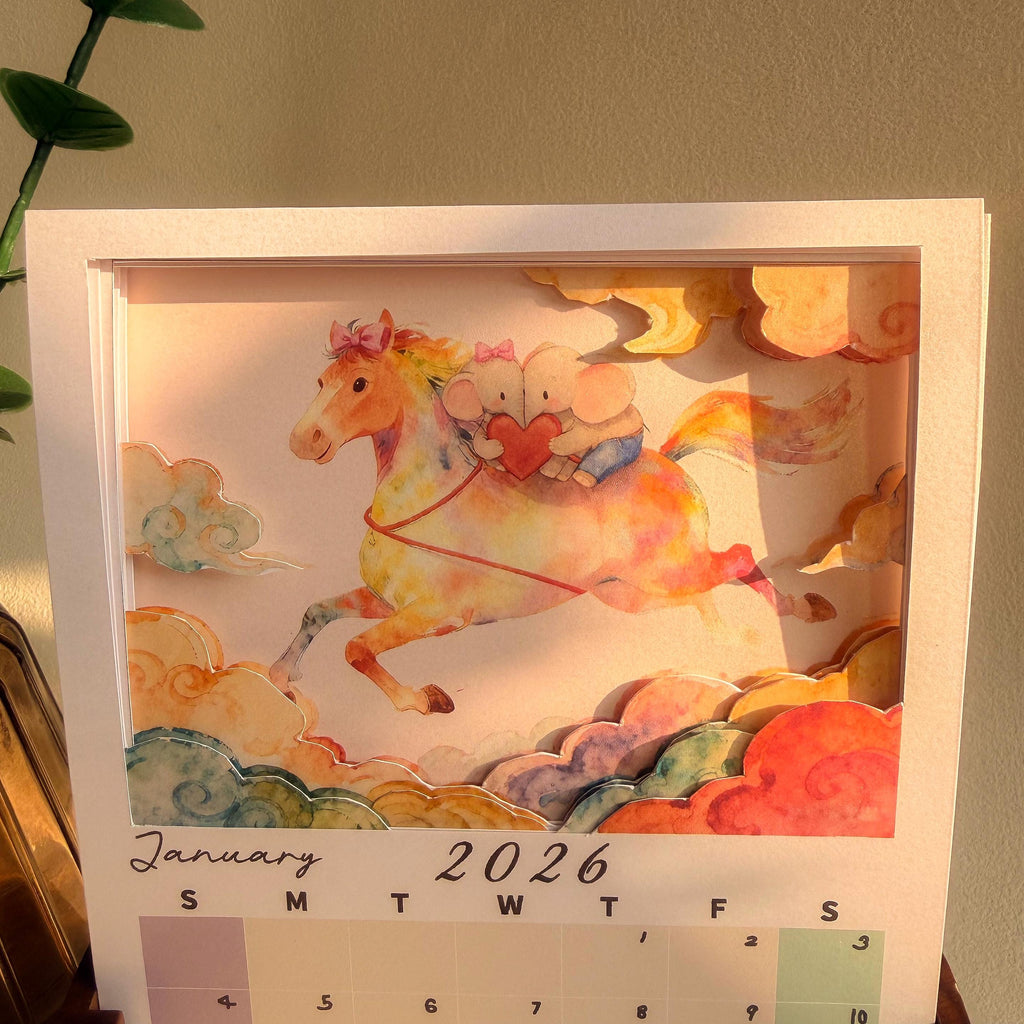 3D Schreibtischkalender Jahr des Pferdes 2026,Perfektes Geschenk für Freunde, Familie oder einen besonderen Menschen.|Reichtum sammelnd Monatlich