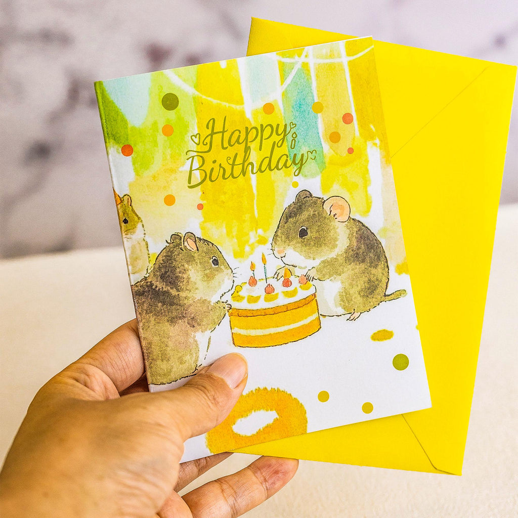 倉鼠生日卡：水彩與金箔插圖，附信封空白卡片，送給父親的禮物