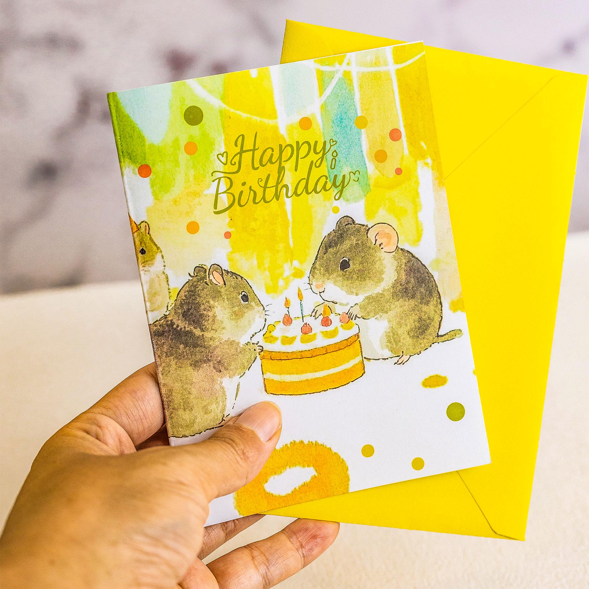倉鼠生日卡：水彩與金箔插圖，附信封空白卡片，送給父親的禮物
