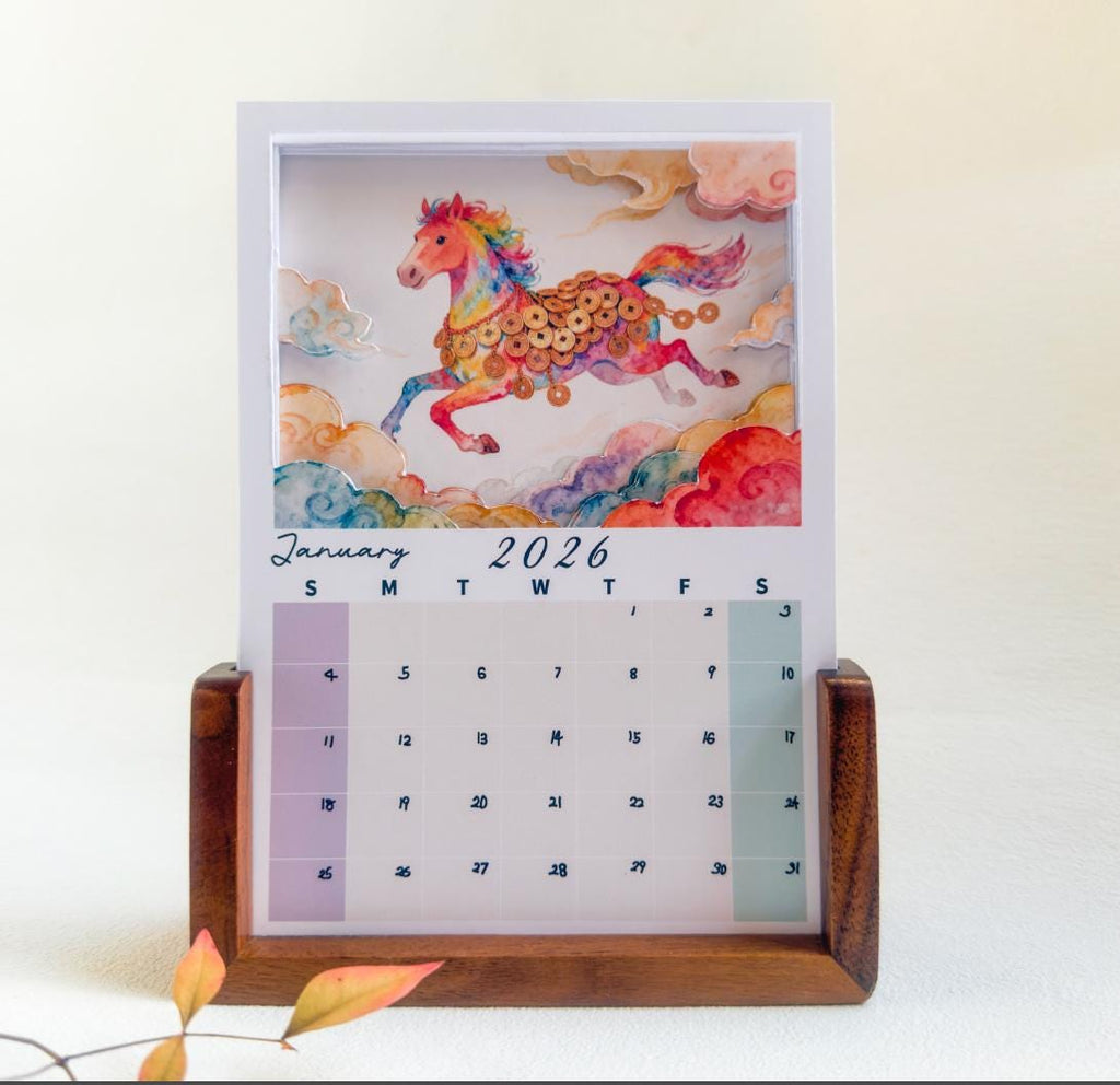 3D Schreibtischkalender Jahr des Pferdes 2026,Perfektes Geschenk für Freunde, Familie oder einen besonderen Menschen.|Reichtum sammelnd Monatlich