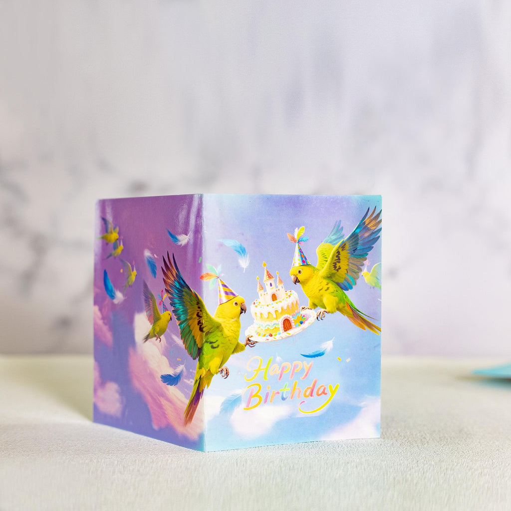 鸚鵡生日卡：節慶派對帽和城堡蛋糕，水彩鳥類愛好者的禮物，附信封