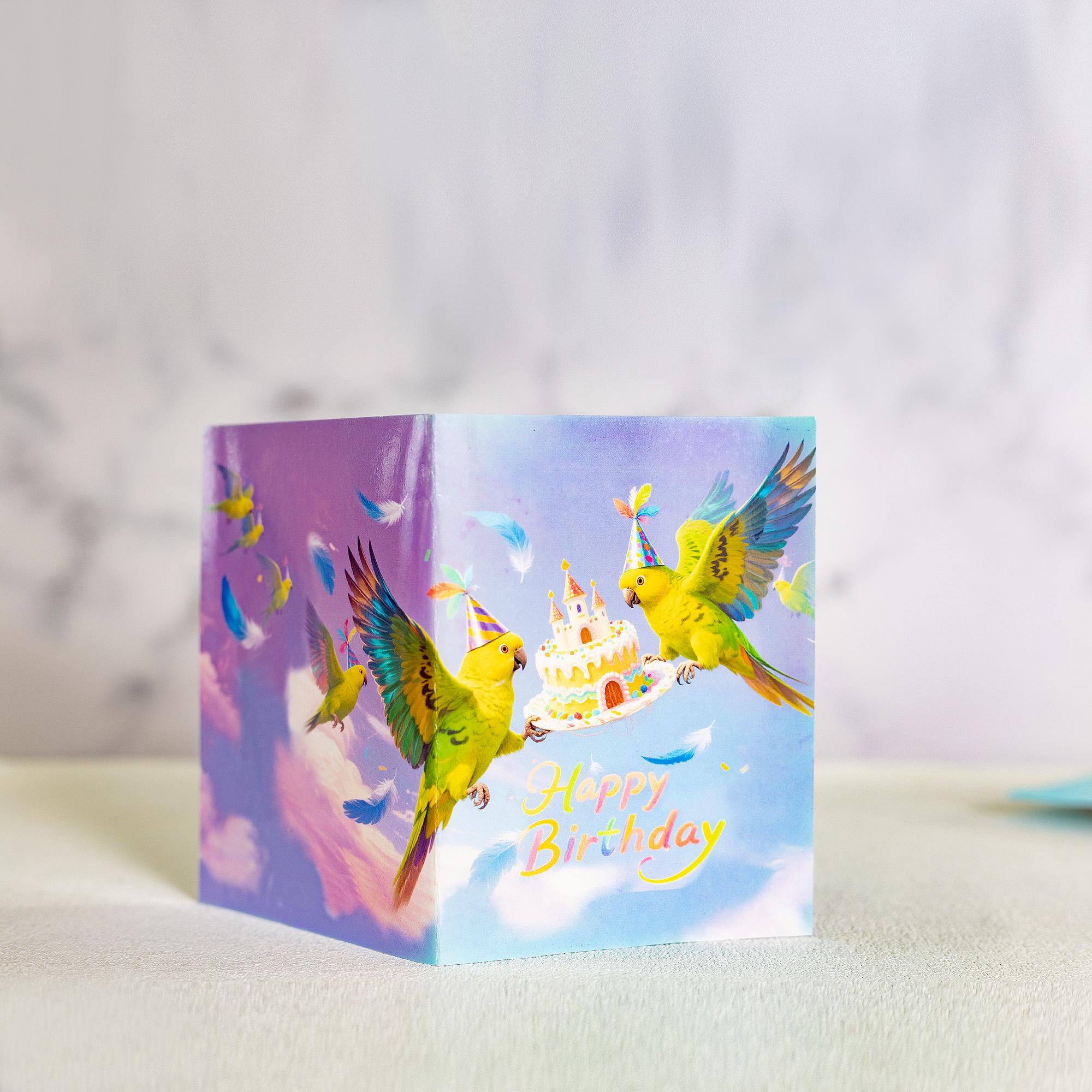 鸚鵡生日卡：節慶派對帽和城堡蛋糕，水彩鳥類愛好者的禮物，附信封