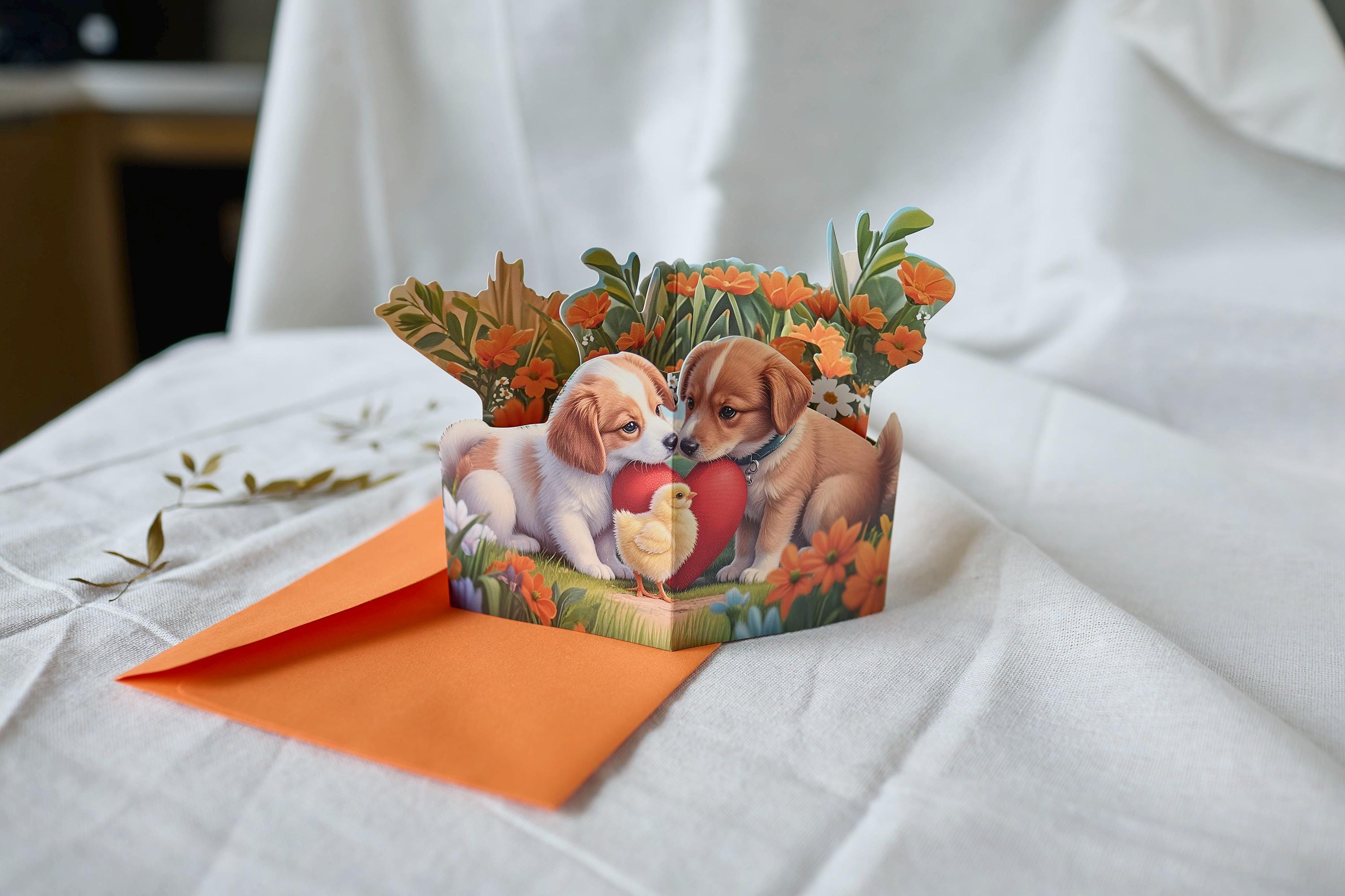 3Dcard of puppies and chicks pop-up card showing love,gift for Dog Father/Mun