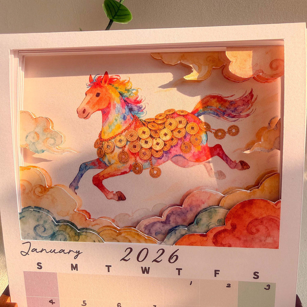 3D Schreibtischkalender Jahr des Pferdes 2026,Perfektes Geschenk für Freunde, Familie oder einen besonderen Menschen.|Reichtum sammelnd Monatlich