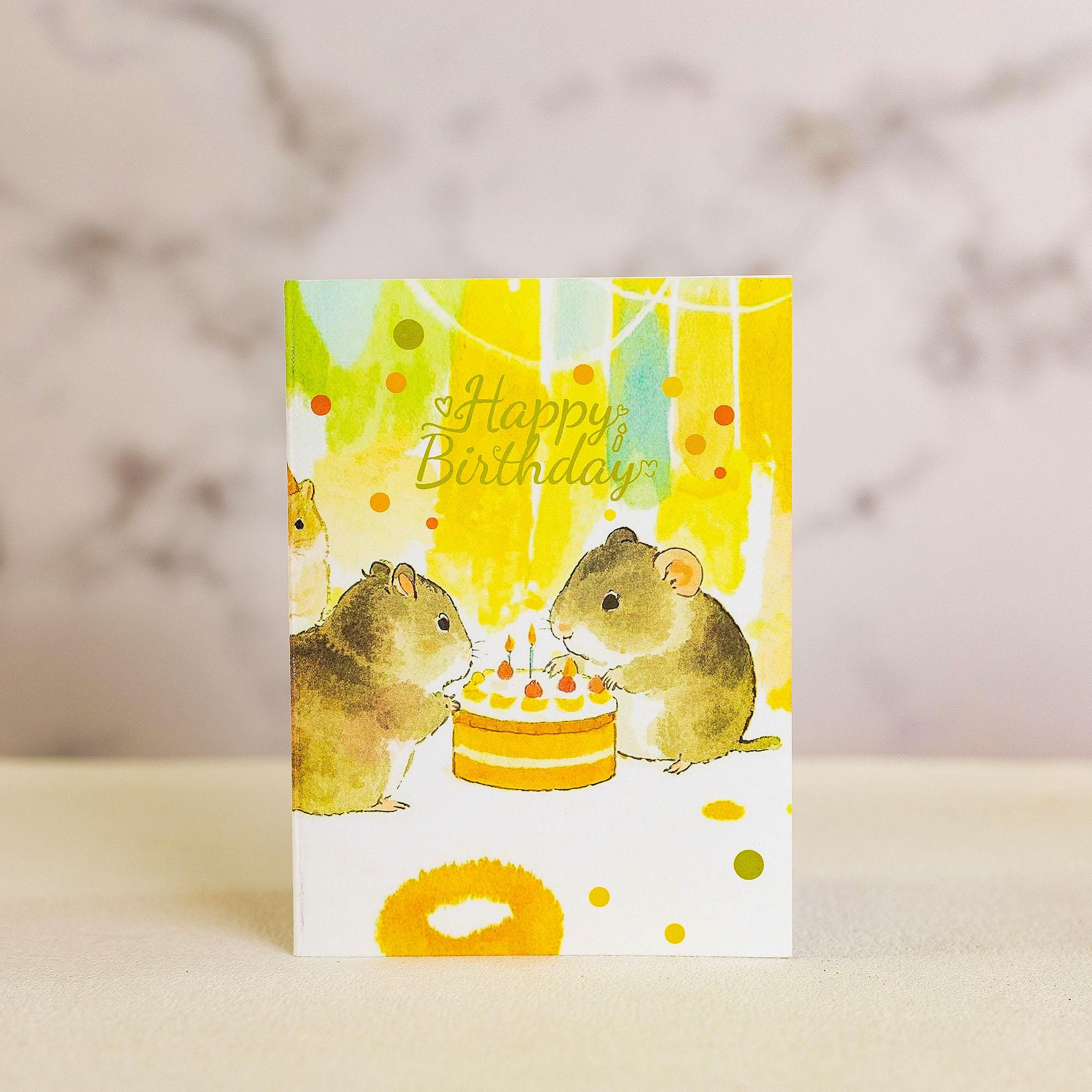 倉鼠生日卡：水彩與金箔插圖，附信封空白卡片，送給父親的禮物