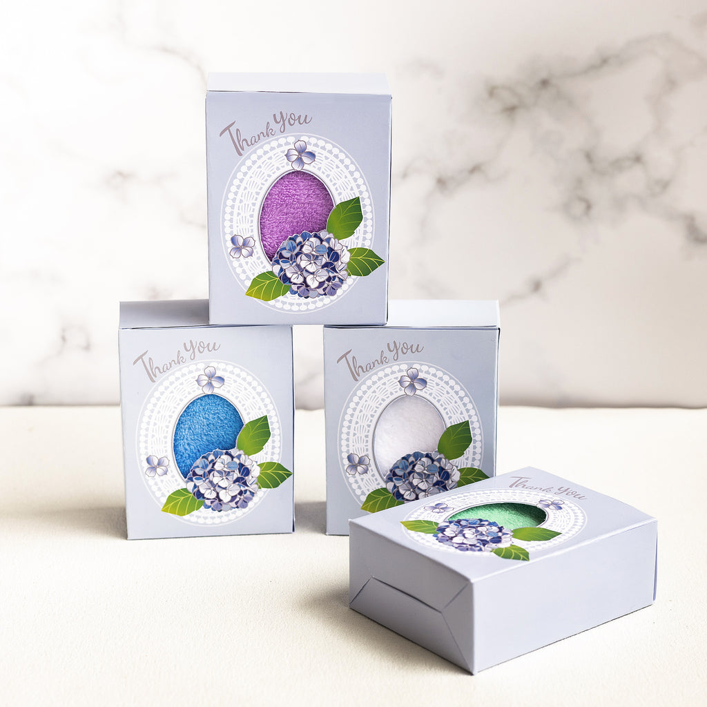Wedding party return thank you coral fleece Square  kitchen towels hydrangea gift box set