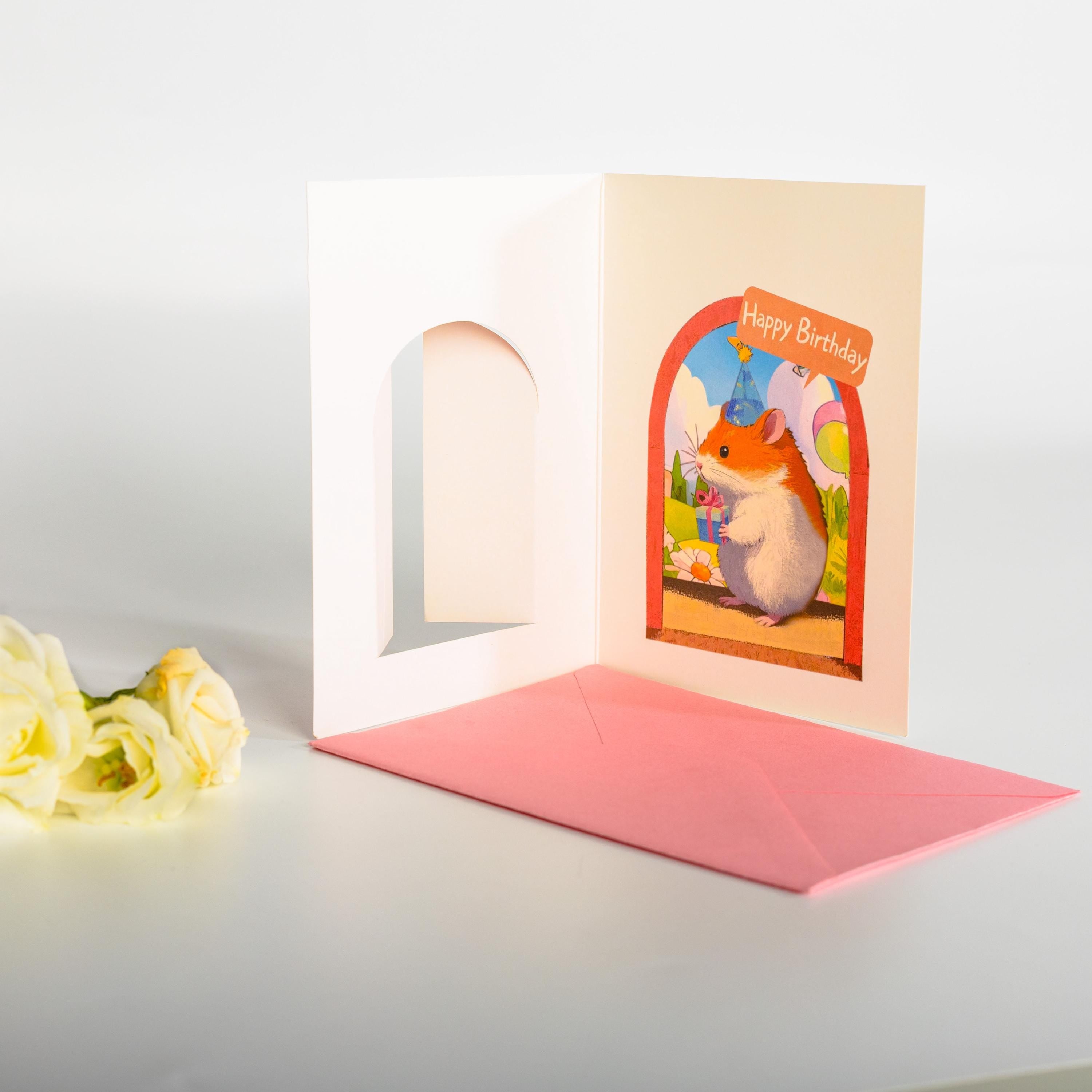 Lustige Hamster-Geburtstagskarte, faltbar, mit Umschlag:Ding dong,dein Geschenk ist da