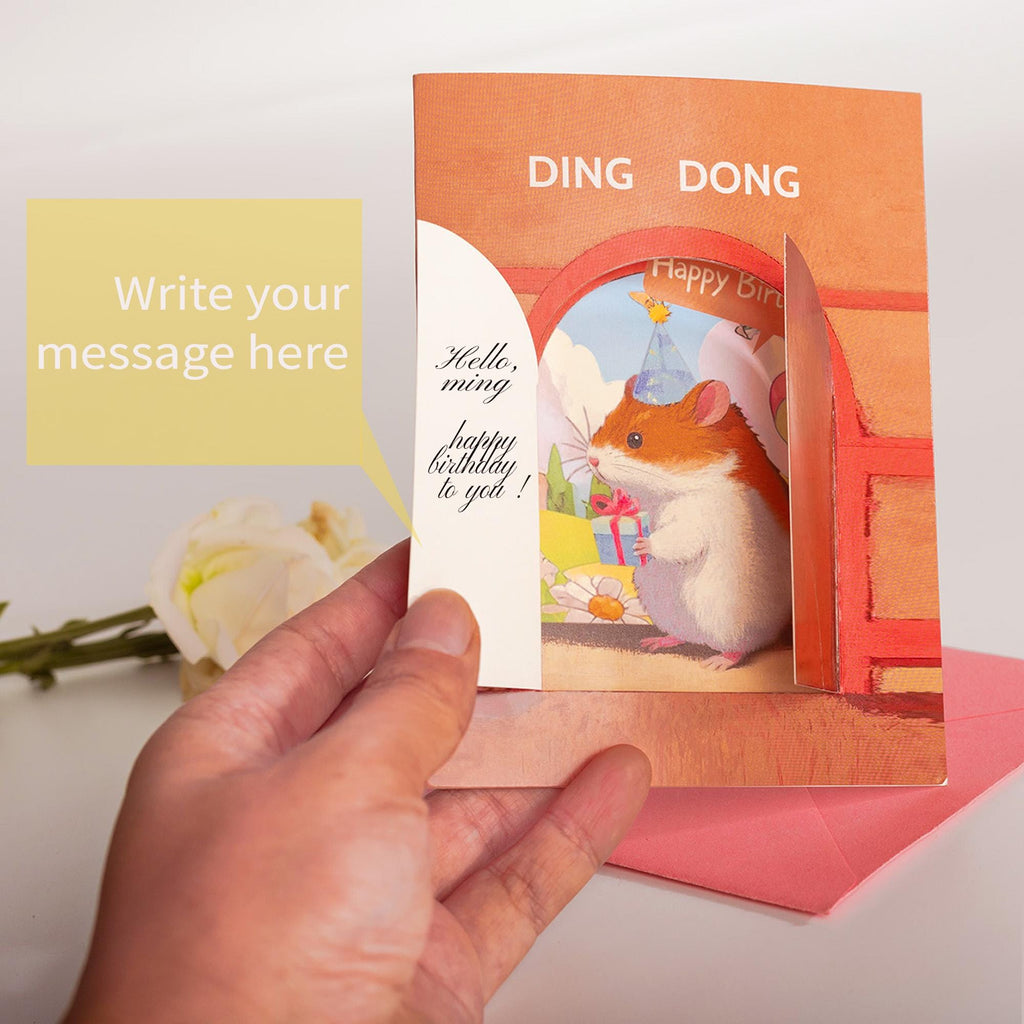 Lustige Hamster-Geburtstagskarte, faltbar, mit Umschlag:Ding dong,dein Geschenk ist da