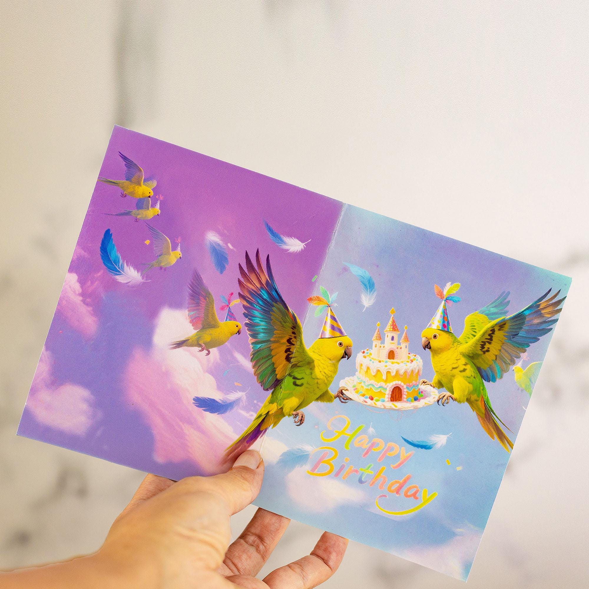 Parrot Birthday Card: Festive Party Hat&Castle Cake ,Watercolor Bird Lover's Gift with envelope