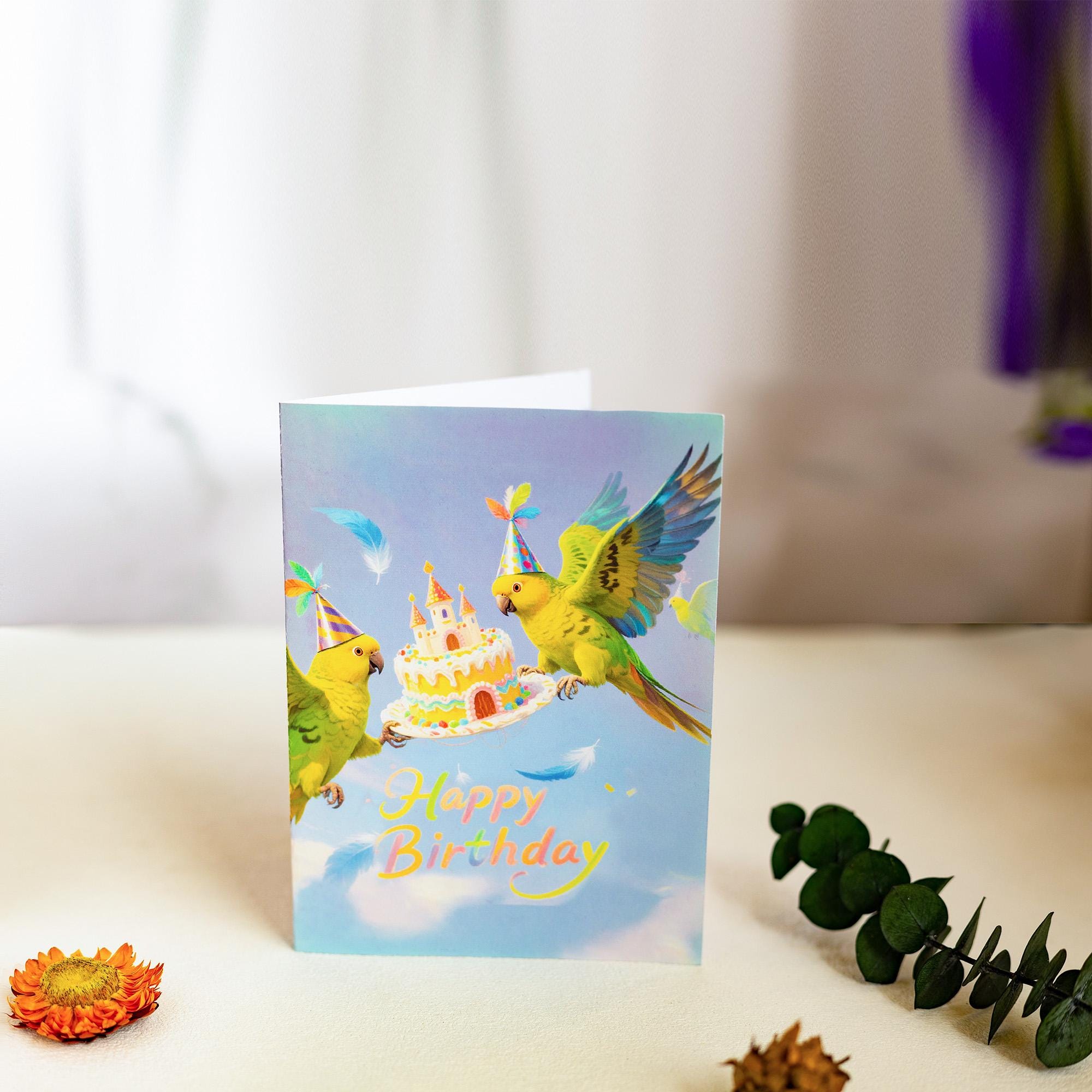 Parrot Birthday Card: Festive Party Hat&Castle Cake ,Watercolor Bird Lover's Gift with envelope