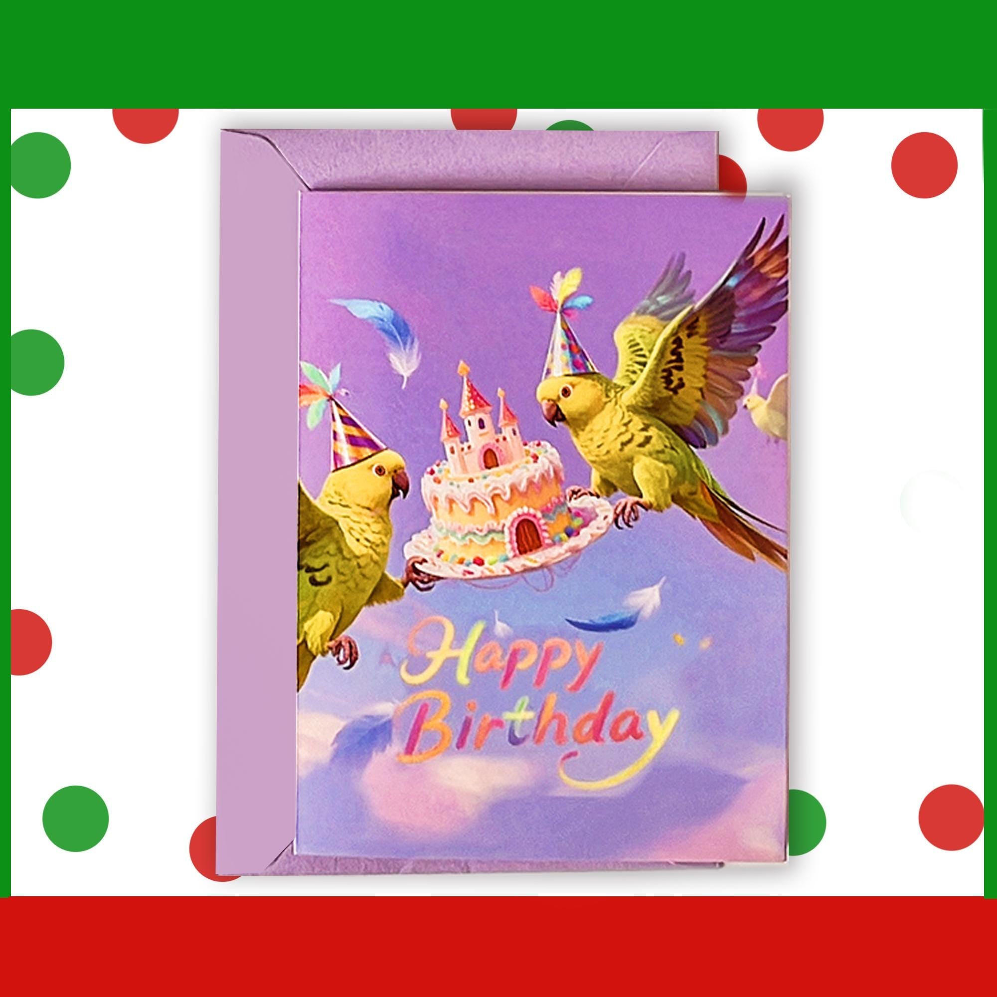 Parrot Birthday Card: Festive Party Hat&Castle Cake ,Watercolor Bird Lover's Gift with envelope