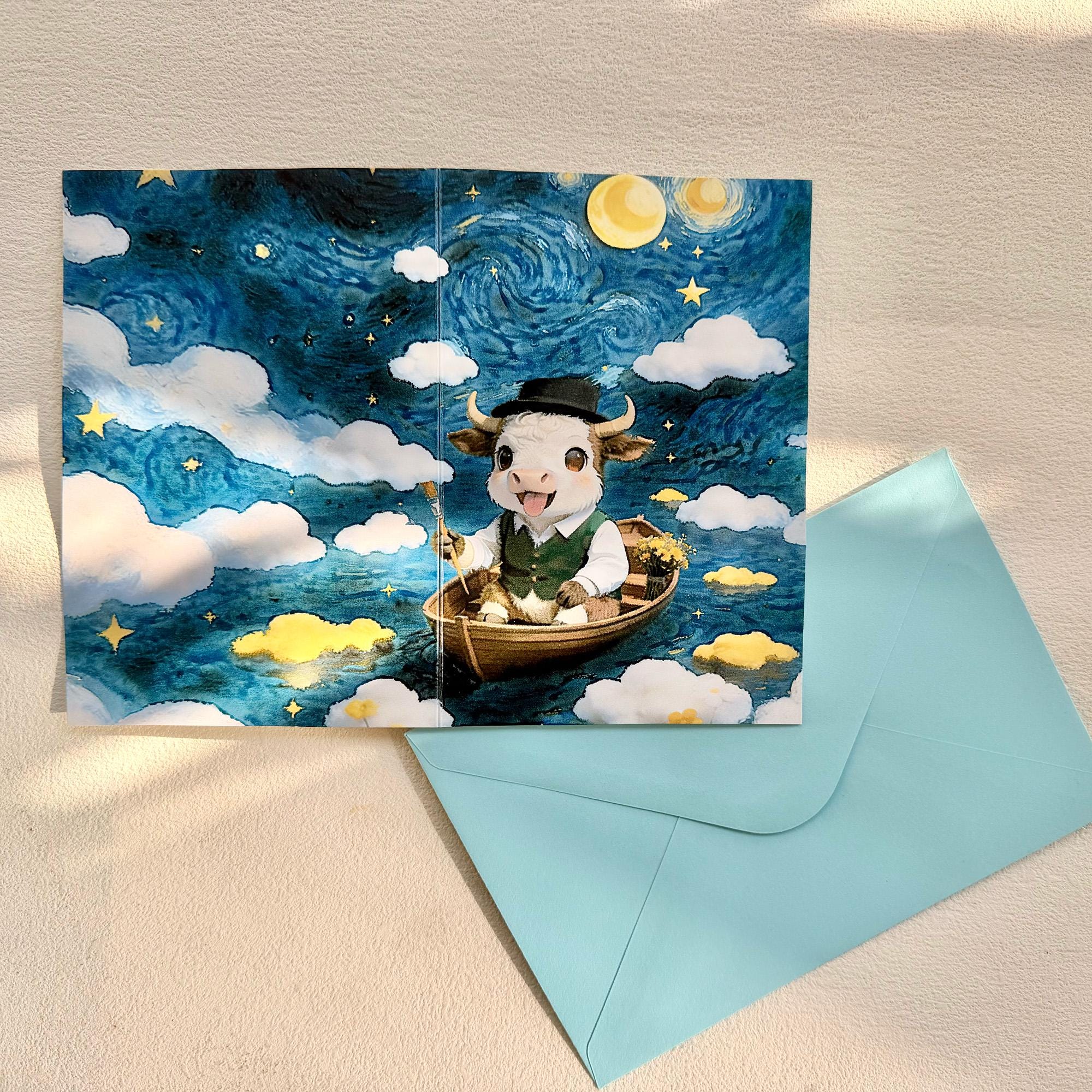 Highland Cow Rowing Boat Card, Starry Night Art, Whimsical Blank Note (14.5cm x 9.5cm)