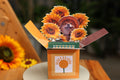 3D pop up greeting card featuring a smiling dog wearing a straw hat surrounded by bright sunflowers, cute handmade paper sculpture, cheerful and heartwarming design