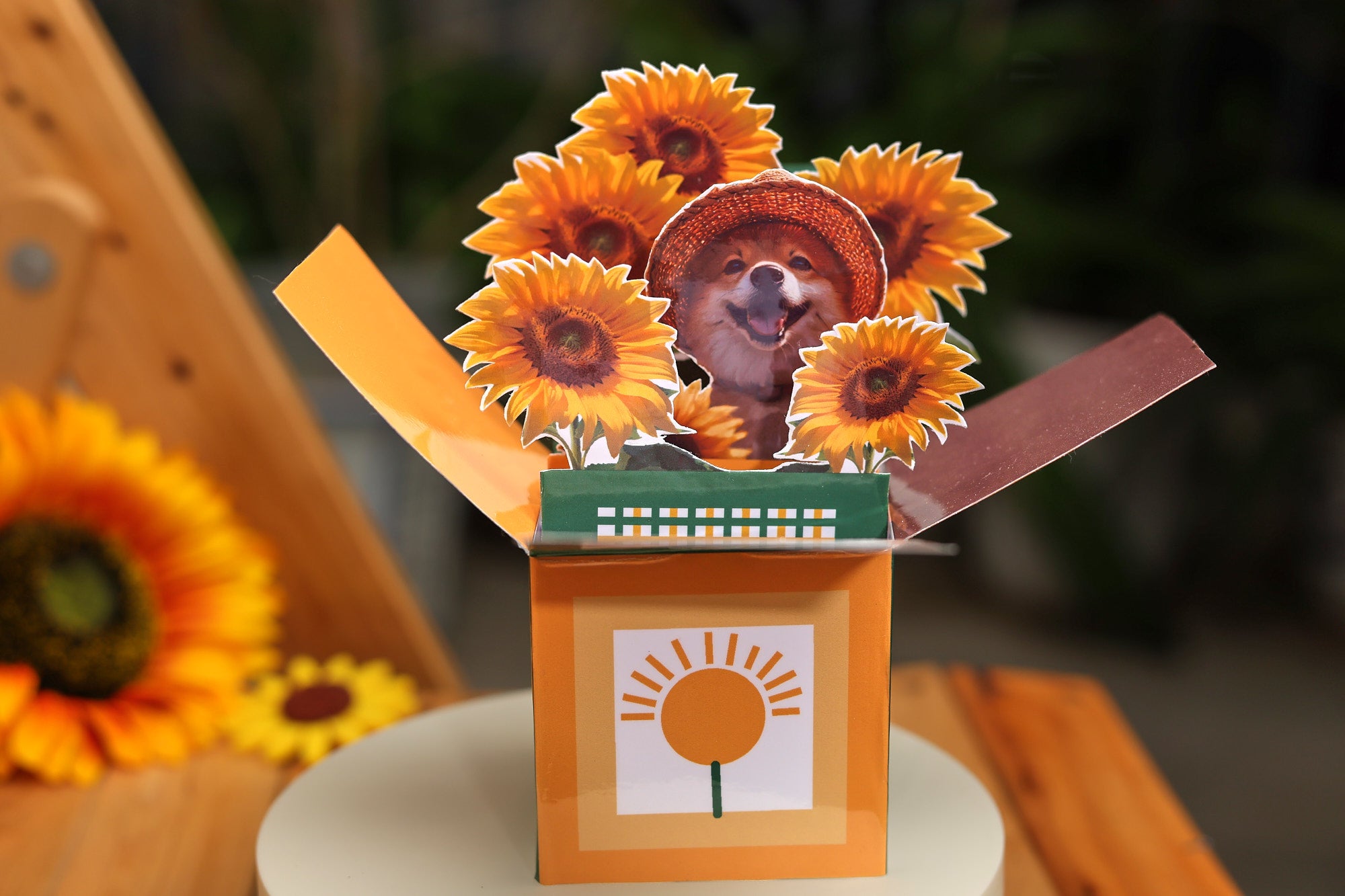 3D pop up greeting card featuring a smiling dog wearing a straw hat surrounded by bright sunflowers, cute handmade paper sculpture, cheerful and heartwarming design