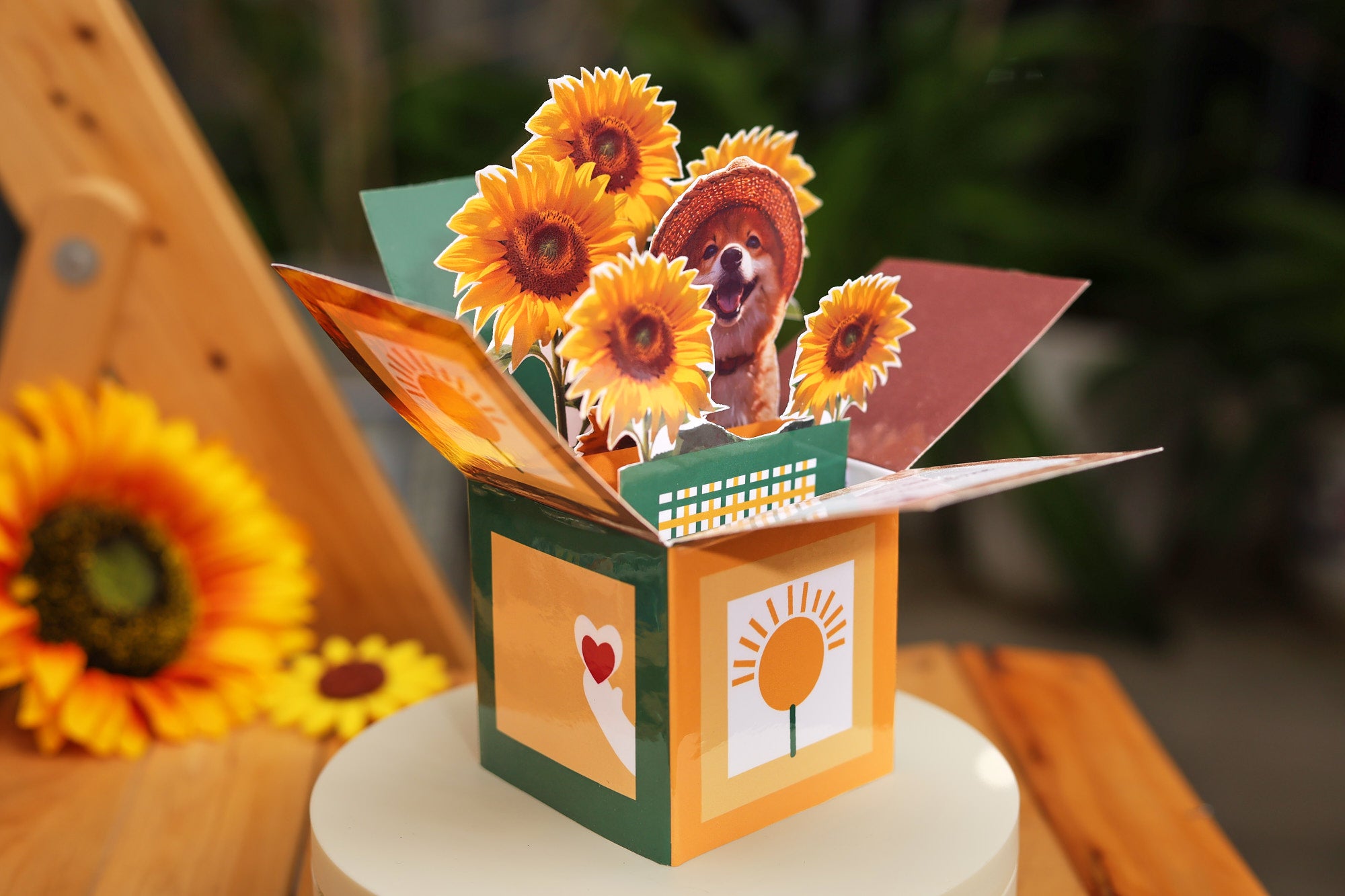 3D pop up greeting card featuring a smiling dog wearing a straw hat surrounded by bright sunflowers, cute handmade paper sculpture, cheerful and heartwarming design