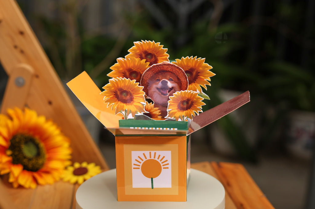 Close-up of cute dog illustration in 3D pop up card, wearing a straw hat with joyful expression, detailed paper cut layers and warm colors