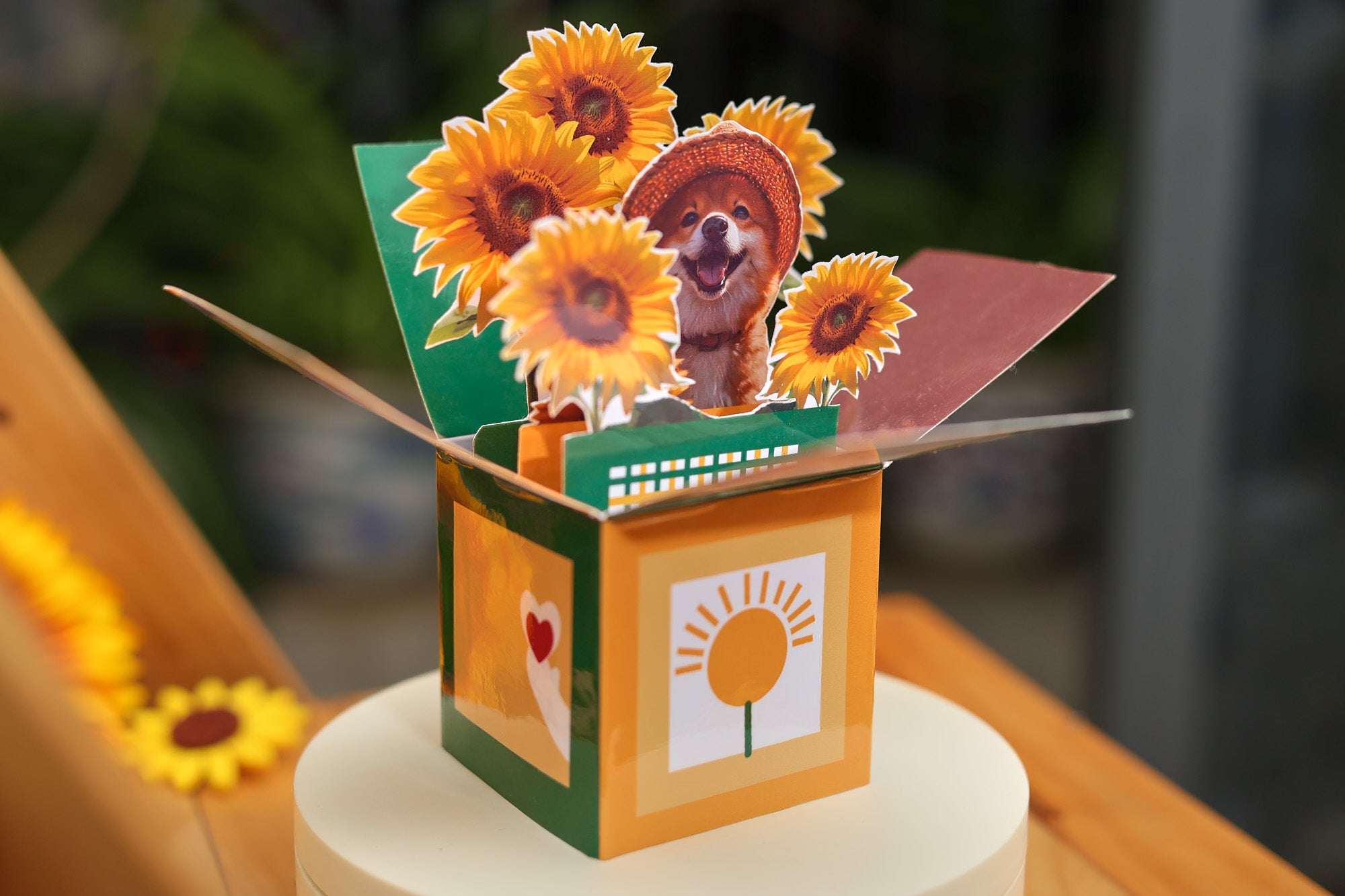 Detailed sunflower paper layers in 3D pop up card, bright yellow flowers creating a lively and uplifting scene