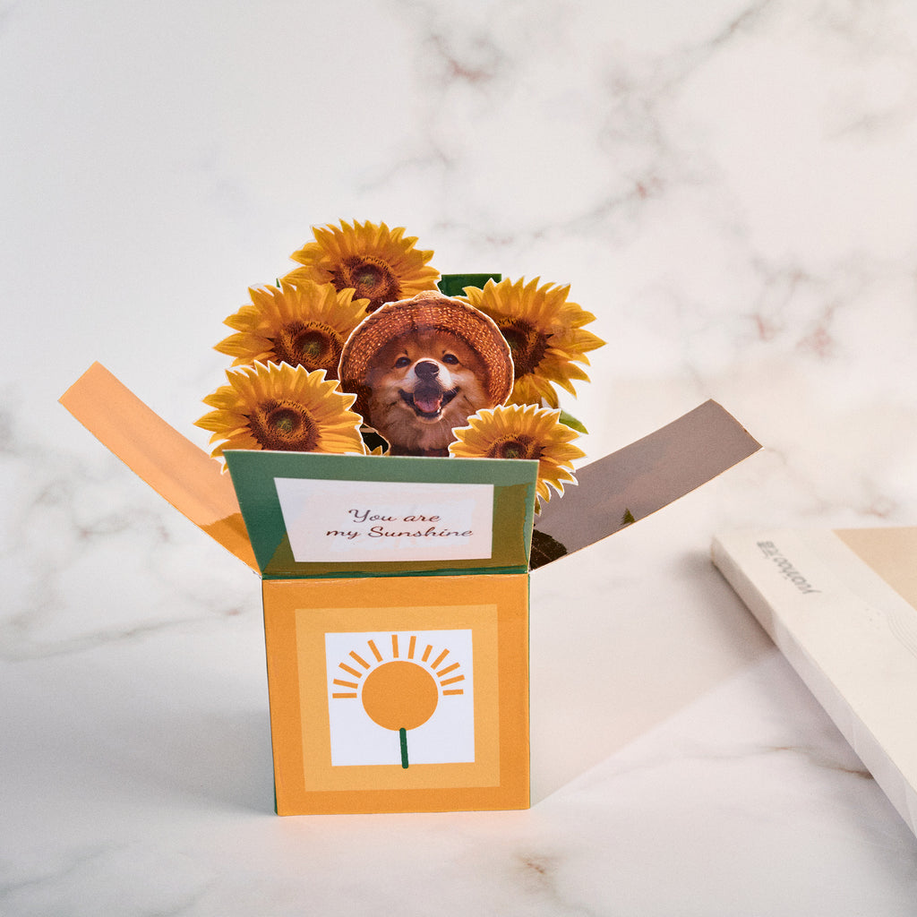 Gift box style 3D pop up card base with sunflower icon, creative paper engineering and sturdy structure for display